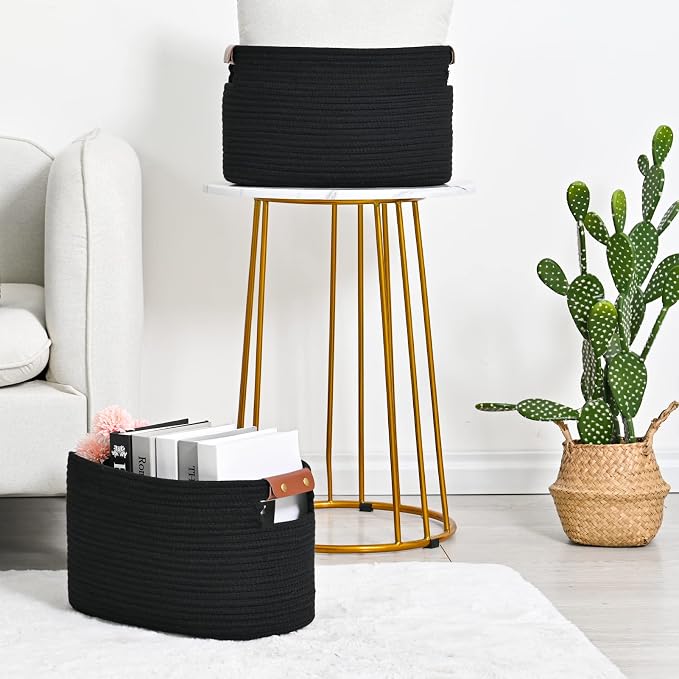 ECDYQXVU 15x10x9 Black Woven Cotton Rope Storage Basket Handles 1 Pack | Foldable Design, Leather Handles, Easy to Clean Organizer for Living Room, Closet, Shelves, Bedroom, Laundry, Clothes