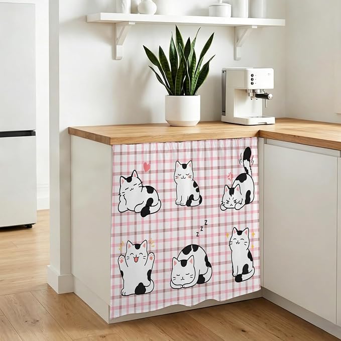 Cute Cat Cabinet Dishwasher Hidden Curtains, Privacy Closet Door Curtain, Modern Playful Pet Cats Pink Brown Plaid Adhesive Dust Proof Under Sink Skirt for Bathroom Kitchen 35"x35"