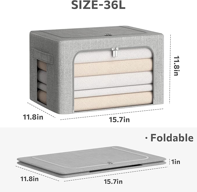 CYhom 3Pack Foldable Storage Bins - Frame Storage Box Linen Fabric Stackable Clothes Container Organizer with Clear Window & Carry Handles Large Capacity (Medium-36L, Light Grey)
