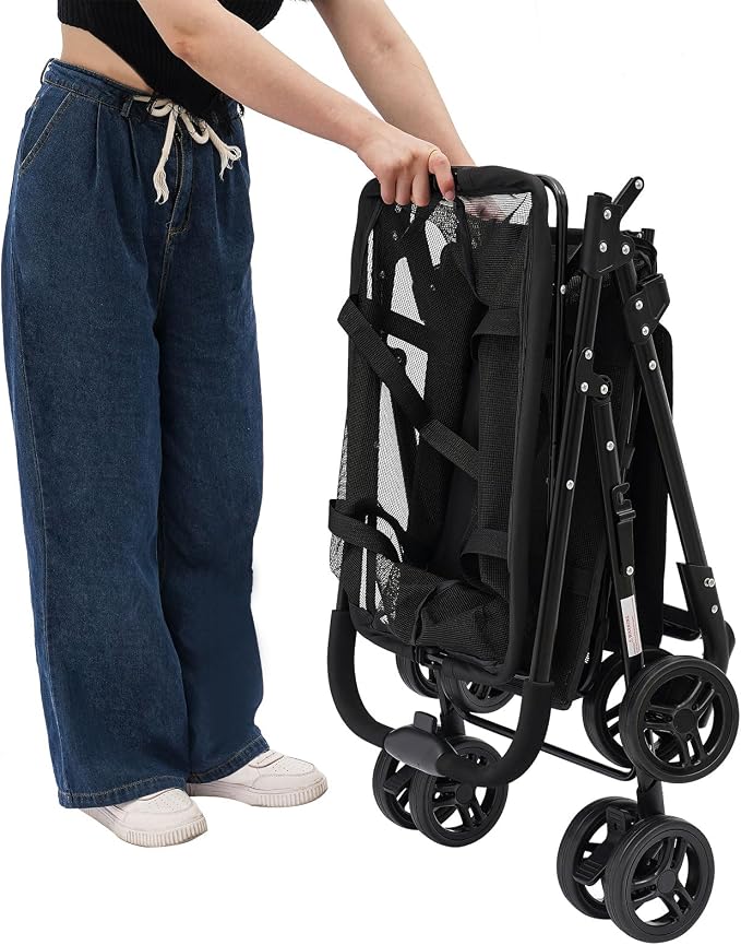 2-in-1 Folding Shopping Cart & Pet Stroller, Lightweight Grocery Cart with 360° Swivel Wheels & Detachable Carry Bags, Multi Use Utility Carts Portable Trolley for Shopping, Picnic and Office, Black