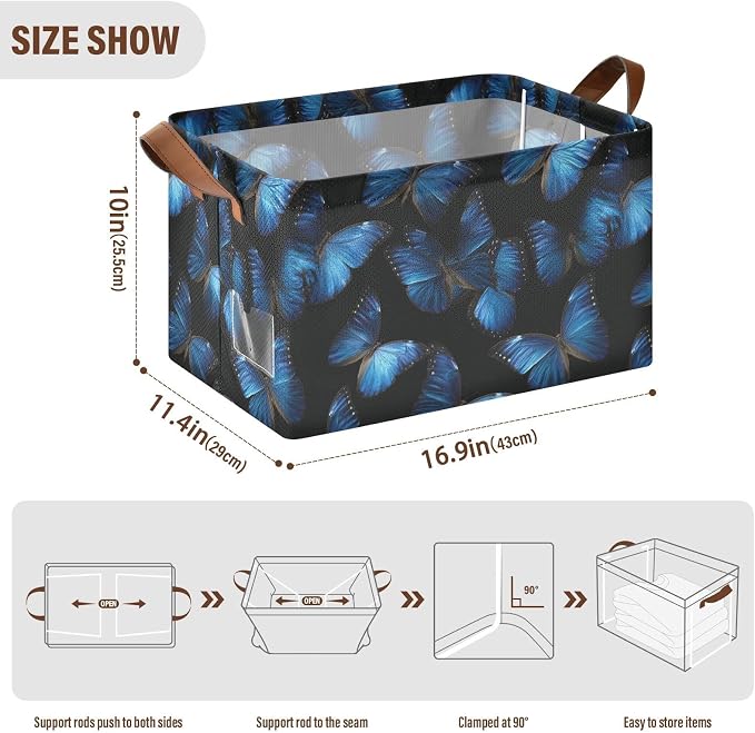 Black Background Blue Butterflies Storage Basket Foldable Cube Storage Bins with Handles&Label Waterproof Collapsible Organizer Box Bin Large Rectangle Decorative Baskets for Shelves Home Room Laundry