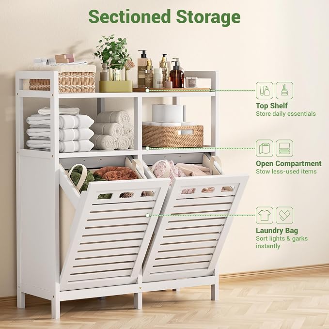 Homykic Tilt Out Laundry Hamper Cabinet, Bamboo Laundry Organizer, White | 20 Gal Laundry Sorter with 2 Removable Liner Bags, Hidden Clothes Hamper with Shelf for Laundry Room, Bathroom, Closet