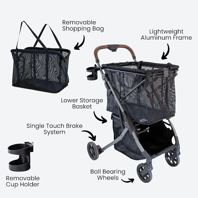 Stability Shopping Cart On Premium Wheels – Lightweight Aluminum Frame – Removable Shopping Bag with Carry Strap & Lower Grocery Storage 75Lbs Storage Capacity (Black)
