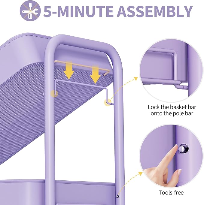 TOOLF 4 Tier Rolling Cart, Metal Utility Storage Cart with Pegboard, Purple | 2 Bins & 4 Hooks, Screwless Assembly, Lockable Wheels, Trolley Organizer for Bathroom, Kitchen, Office, Dorm, Craft Room