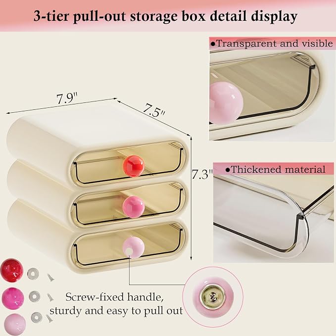 3-Tier Makeup Organizer with Clear Drawers for Vanity Desk | ABS+PET dustproof storage for Skincare/Stationery/Hair Accessories. Ideal for Women/Students/Girls in Bathroom/Desk/Dorm