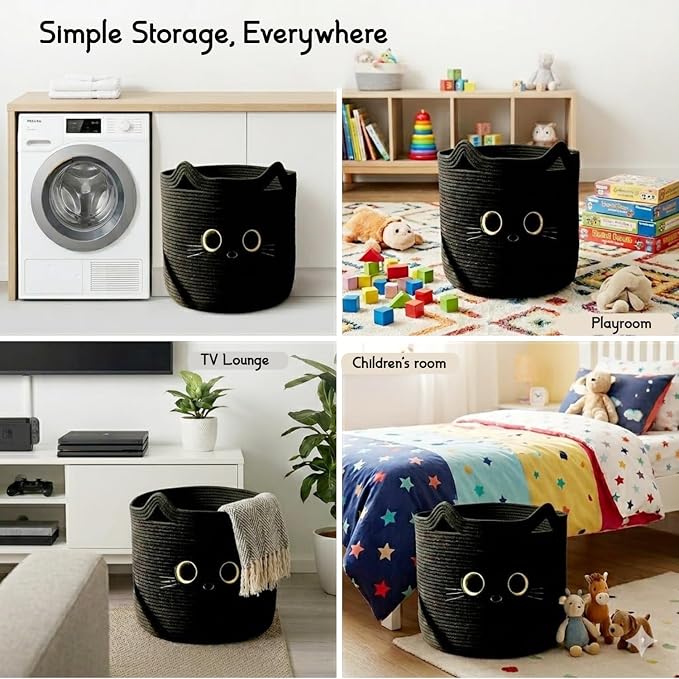 Nursery Storage Basket, 25L Large Woven Cotton Rope Baby Bin, Black Cat Design, Cutout Handles, Foldable, Washable, & Baby-Safe Organization for Kids Toy, Stuffed Animals, Laundry Hamper (Black Cat)