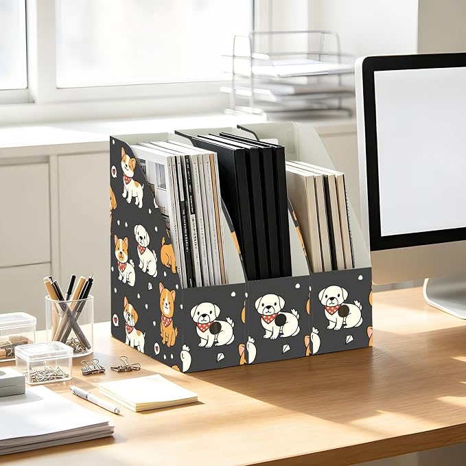 Emelivor Cute Pets Dogs Black Print Magazine Holder Set of 3 Desk File Organizer Foldable Vertical Folder Holder with Labels for Office Organization Book Bins for Library Classroom Home