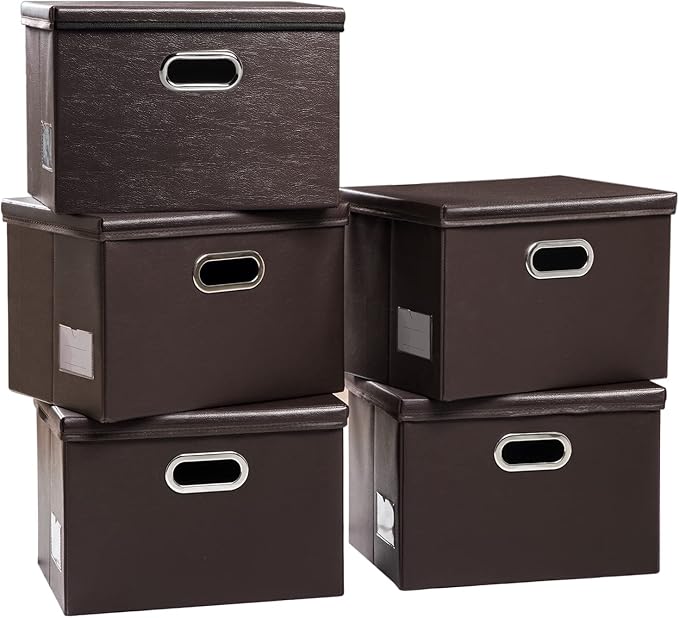 Foldable Storage Bins with Lids [5-Pack] Leather Fabric Collapsible Storage Boxes Organizer Containers Baskets Cube with Cover for Bedroom Closet Office Nursery Brown 14.9x10.8x10
