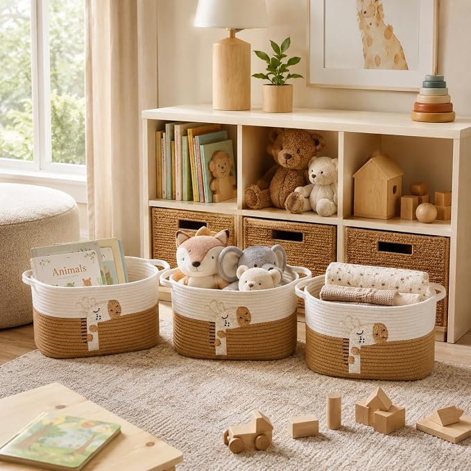 Storage Basket, Woven Baskets for Shelves, Giraffe | 3 Pack Boho Cotton Rope Storage Baskets, 14" x 9" x 8", Home Organizer for Nursery, Holds Toys, Books & Towels