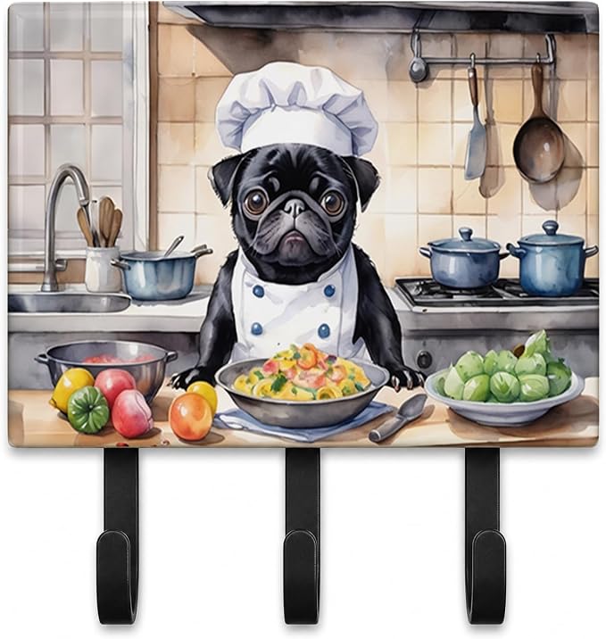 Caroline's Treasures Pug The Chef Leash or Key Holder Wall Hooks, Key Hooks Holder, Coat Rack Wall Mount, Coat Hooks, Hooks for Hanging Keys, Towels, Aprons, Leashes | Pug The Chef artwork on ceramic tile with three steel hooks for keys, leashes, towels