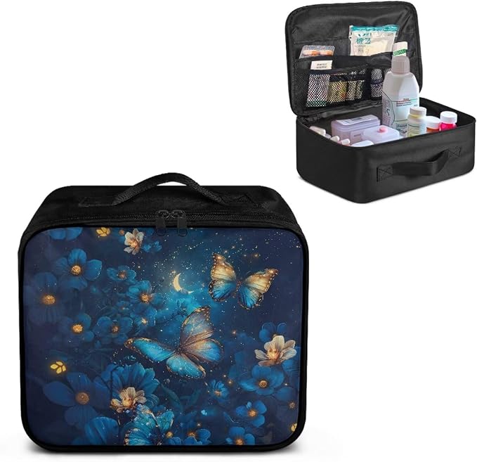Rnyleeg Blue Flower Butterfly First Aid Bag Empty Pet First Aid Kit with Zipper Pocket Portable Emergency Medicine Tote Bag for Home Car Outdoor Sports