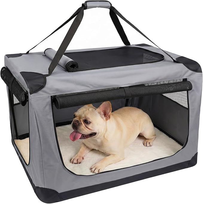 30 Inch Soft Dog Crate Collapsible 3-Door Travel Kennel for Large Dogs, Portable Pet Cage, Fleece Bed, Storage Pocket & Safety Zippers, Indoor Outdoor Car Use Dog Crate