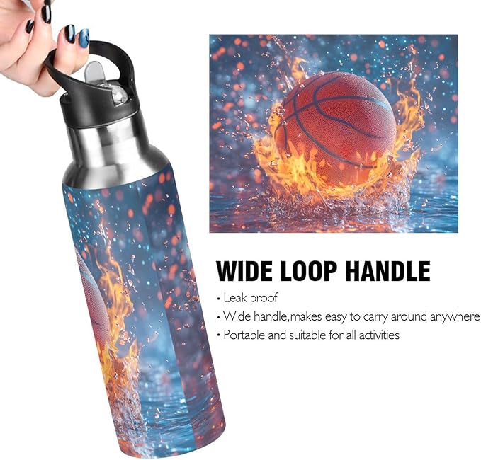 Basketball Ball Fire Water Bottle with Straw Lid Kids Insulated Stainless Steel Water Flask Sports, 20 Oz Hot Cold