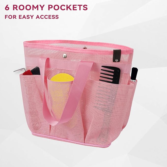 Mesh Horse Grooming Tote Bag Breathable Waterproof, 6 Pockets Horse Grooming Kit Tool Bags, Horse Cleaning Totes for Cleaning Supplies, Pet Grooming Organizer for Horse Cow Cat, Pink&Hot Pink