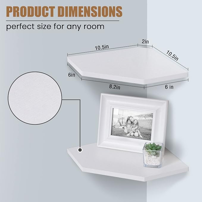 Fun Memories Corner Shelf Wall Mount, Floating Corner Shelves, Set of 4 Corner Wall Shelf Organizer, Rustic Wood Wall Storage Display Shelves for Living Room Bedroom Bathroom Kitchen, Rustic White