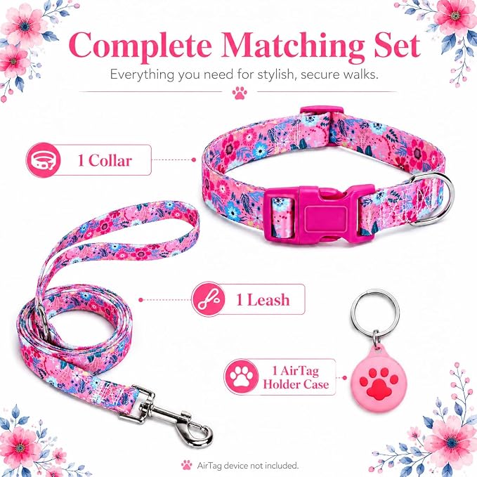 Floral Matching Dog Collar and Leash Set with AirTag Holder-Rose Daisy/XS | Anti-Lost,Adjustable Durable Pet Collar Leash Combo for Puppy X-Small Boy Girl Dogs,Outdoor Walking Hiking Training Running