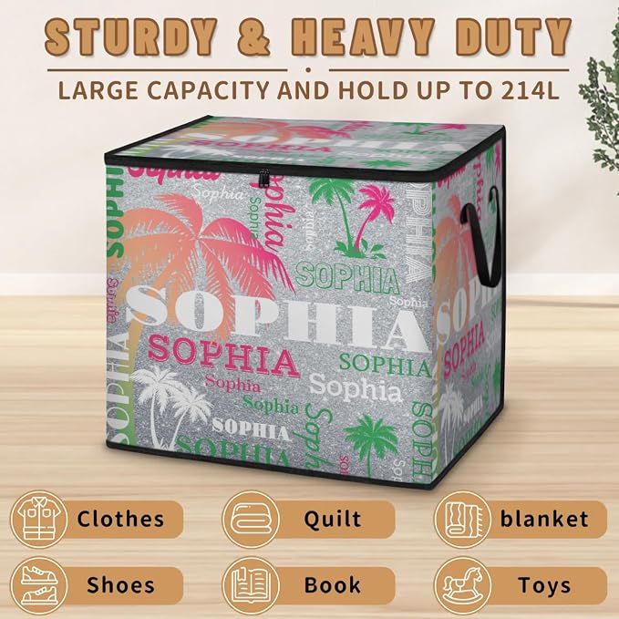Personalized Name Large Storage Basket with Lid, Canvas Pink Green Tropical Palm Trees Storage Bins Quilt Clothes Organizer for Bedroom, Kitchen, Bathroom, Nursery, Shelves, Closets, Silver Glittery