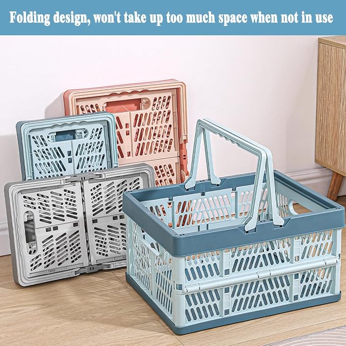 Collapsible Storage Crate with Handles, 20L Foldable Plastic Basket, Organizer Container (Light blue, M)