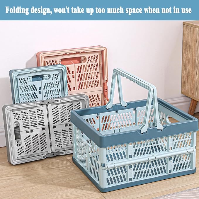 Collapsible Storage Crate with Handles, Milk Crates，33L Foldable Plastic Shopping Basket, Organizer Container for Car Home Pinic (Light blue, Large)