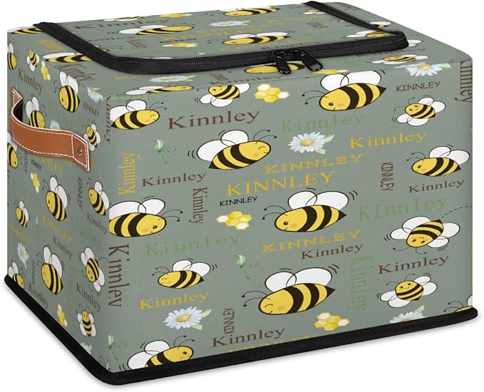 Custom Storage Baskets for Home with Name, Cartoon Bee with Daisy Floral Dark Matcha Green Large Foldable Organizer Collapsible Storage Bin with Zipper Lid Handle for Toys Closet Nursery