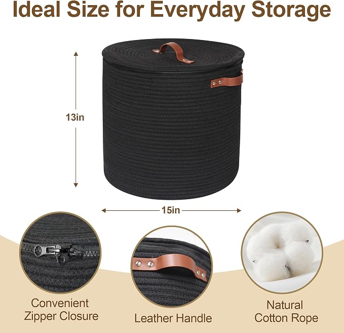 Storage Basket with Lid, 15"x13" Round Woven Blanket Storage for Living Room, Decorative Cotton Rope Hamper with Zipper Top, Black Laundry Basket with Lid, Floor Covered Kids Dog Toy Bin Box