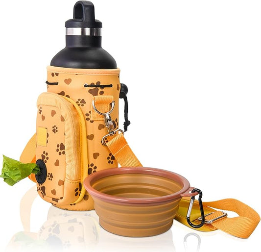 Made Easy Kit Water Bottle Carrier with Pocket for Dog Poop Waste Bags and Adjustable Padded Shoulder Strap (Large (32oz) with Bowl, Yellow, Paws & Hearts)