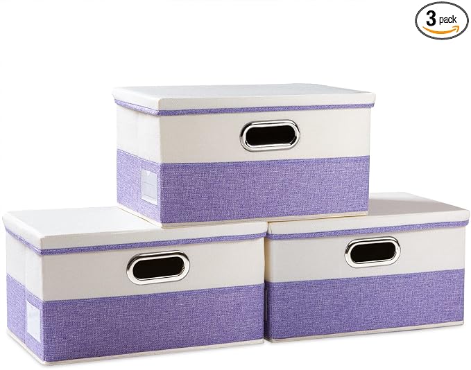 Collapsible Storage Bin with Lid [3-Pack] Fabric Foldable Storage Box Organizer Container Basket Cube with Cover for Home Bedroom Closet Office Nursery Purple&Cream(14.9x9.8x9.8)