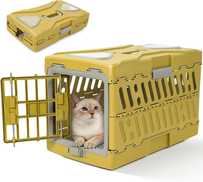 Collapsible Cat Carrier Hard, Plastic Hard-Shell Pet Carrier Travel | Front Door with Double Squeeze-Latch System, 4-Sided Ventilation, Fits Pets Up to 22 lbs, Size 22"L x 13"W x 14.6"H