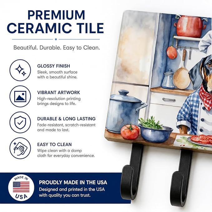 Caroline's Treasures Bluetick Coonhound The Chef Leash or Key Holder Wall Hooks, Key Hooks Holder, Coat Rack Wall Mount, Coat Hooks, Hooks for Hanging Keys, Towels, Aprons, Leashes | Bluetick Coonhound The Chef artwork on ceramic tile with three steel ...