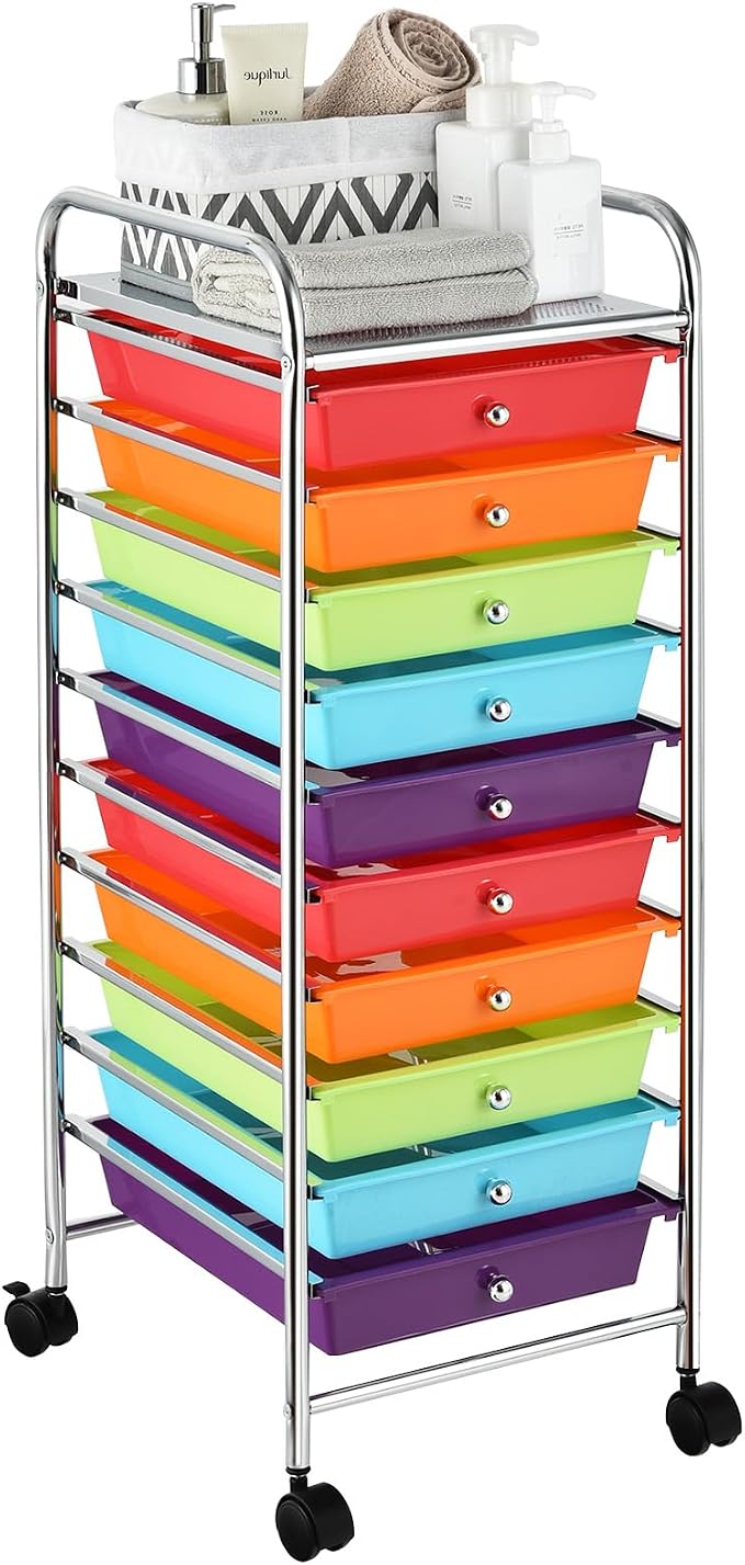 10 Drawer Rolling Storage Cart, Organization Cart with Drawers for Craft Makeup Paper Tool Art Supply, Versatile Utility Cart on Wheels for Home Office Classroom School (Multicolor)