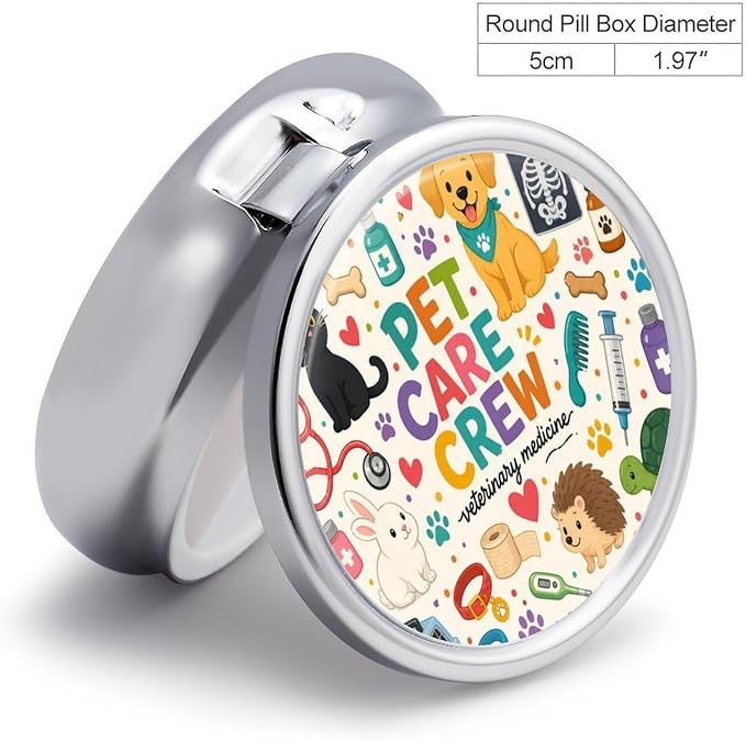 Cute Pet Care Essentials Poster Round Pill Box with 3 Compartments, Portable Travel Pill Organizer with Spring Snap Closure for Vitamins Supplements Fish Oil