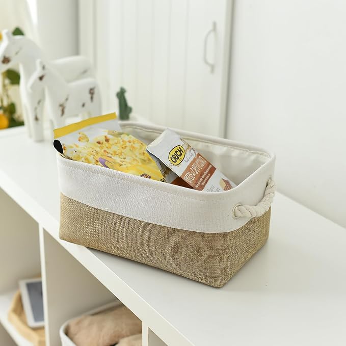 Storage Basket for Organizing - 1 Pack 12x8x5.2 inch Baskets for Gifts Empty with Handles, Fabric Storage Cubes for Organizer Closet Dog Gift Cloth Toy (Whiet & Khaki)