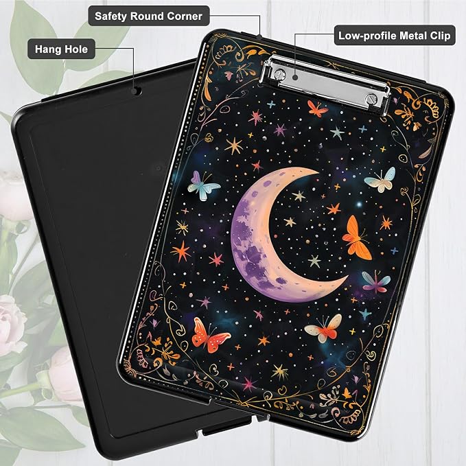 Heavy Duty Storage Clipboard, Slim Nursing Clipboard with Internal Pen Case, Portable File Organizer Case for A4 Letter Size Paper Office Medical Professionals, Butterfly Dark Moon