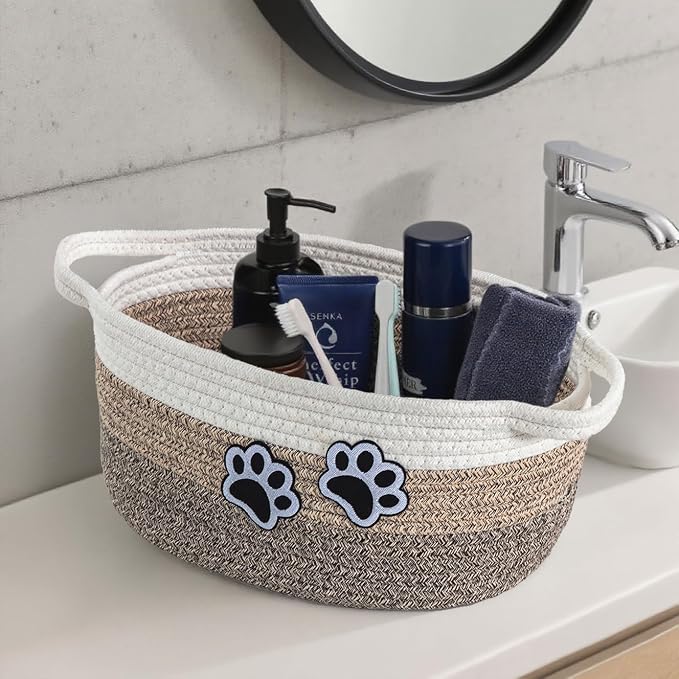Small Woven Cotton Rope Nursery Organizer Bins, Dog Toy Basket Bins with Handle, Cute Empty Pet Gift Storage Baskets with Paw