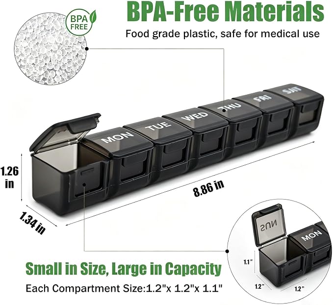 2 Pack Weekly Pill Organizer, Large 7 Day Pill Case, Daily Vitamin Case Medicine Box, AM/PM Pill Containers for Medicine Supplements Fish Oil（White & Black）