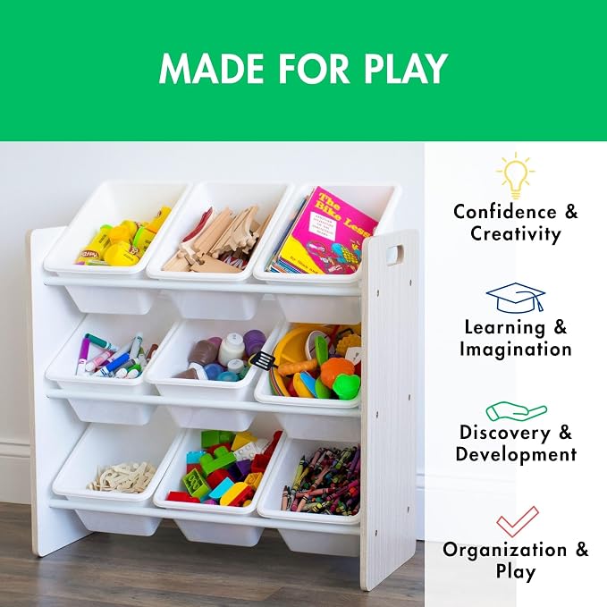 Humble Crew Kids Toy Organizer with 9 Bins, 3 Tier Storage for Playroom | Sturdy wood and steel toddler shelf, removable BPA-free containers, wall anchor anti-tip safety kit for bedroom or classroom