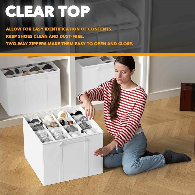 SpaceAid Shoe Organizer for Closet, 2 Pack Foldable Shoe Storage Containers Baskets Boxes Bins w/Adjustable Dividers, Fits 16-32 Pairs, White