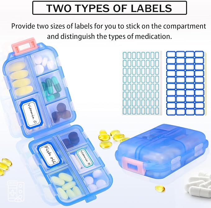 4PCS Travel Pill Organizer Portable Pocket Pill Case Small Pill Box for Purse Medicine Organizer Have 10 Compartments Storage Vitamin Fish Oil by INVODA (4 Pack+Lables)