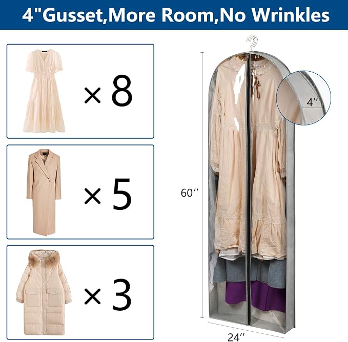 3 Pack 60" Long Garment Bags for Hanging Clothes Storage