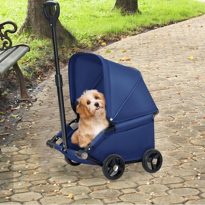 Dog Stroller Pet Stroller Dog Cart Pet Carrier with Compact Fold to 25cm Safe Buckles Anti Slip Wheels Oxford Suitable for Walking Errands Publ, Dark Blue