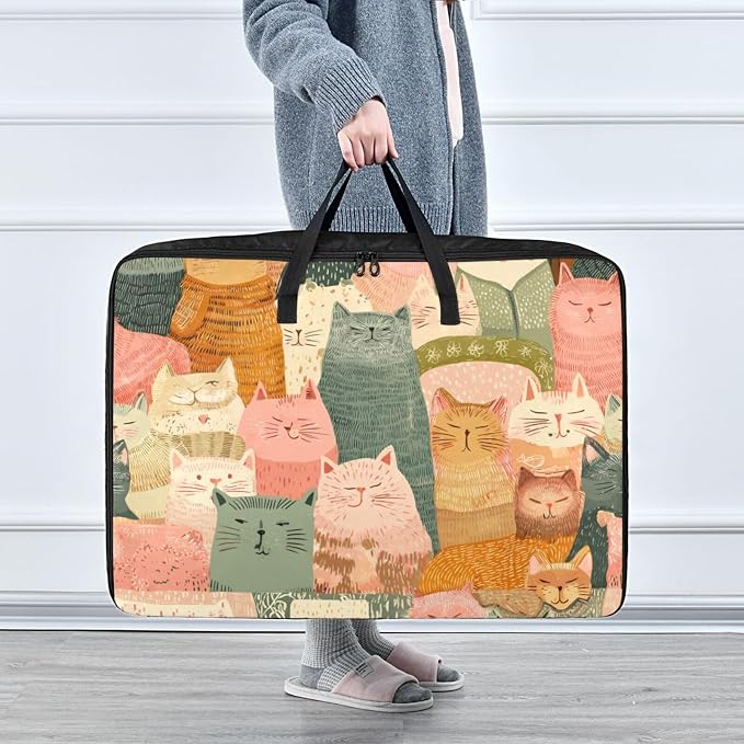 Comforter Storage Bags Large Folding Blanket Organizer Bag with Strong Handles Clear Window Closet Storage Containers for Clothes King Queen Pillows Bedding Quilt Duvet Orange Pink Cat