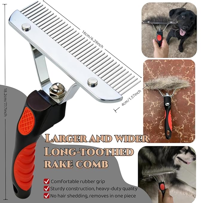 Rake Brush for Dogs, 4-Pack Long-Tooth Undercoat Brush Set, Grooming Rake & Steel Shedding Comb & Double-Sided Teech Comb & for Double Coat German Shepherds Horses