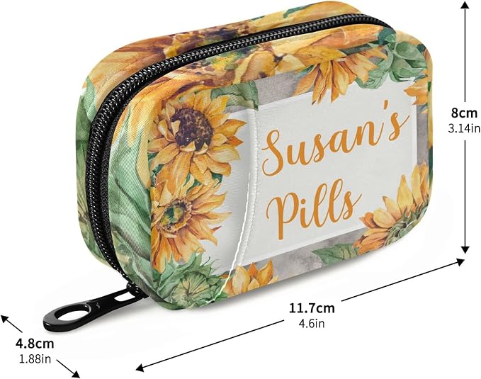 Custom Pill Box 7 Day Pill Case Bag Sunflower Personalized Name Travel Pill Organizer Bag with Zipper Portable Weekly Case Compact Size for Vitamin Supplement Holder