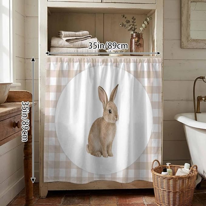 Rabbit Plaid Cabinet Dishwasher Hidden Curtains, Privacy Closet Door Curtain, Modern Farmhouse Checkered Rustic Animal Adhesive Dust Proof Under Sink Skirt for Bathroom Kitchen 35"x35"