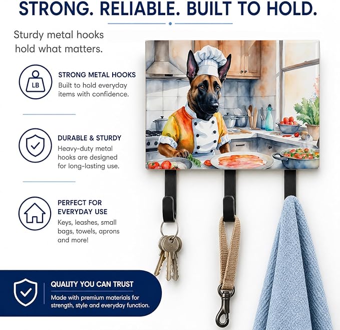 Caroline's Treasures Belgian Malinois The Chef Leash or Key Holder Wall Hooks, Key Hooks Holder, Coat Rack Wall Mount, Coat Hooks, Hooks for Hanging Keys, Towels, Aprons, Leashes | Belgian Malinois The Chef artwork on ceramic tile with three steel hook...