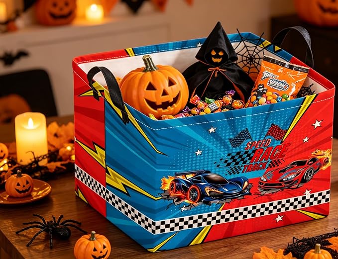 Rectangle Storage Basket with Handles,Collapsible Storage Bin,Books Box,Gift Basket(Red vs. Blue Racing)