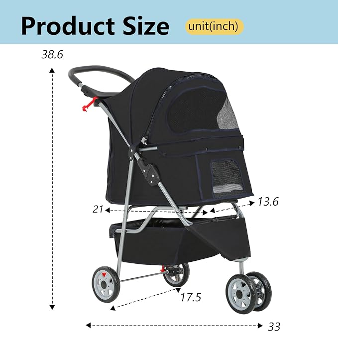 FDW Pet Stroller 3-Wheel Durable Foldable Cat Dog Stroller with Washable Liner Storage Basket Cup Holder,Dark Black