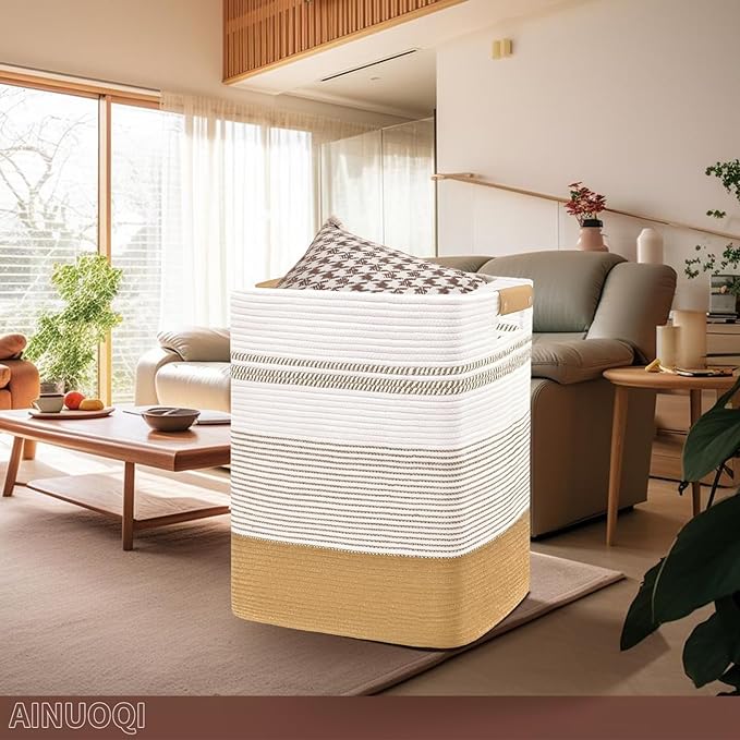 Large Laundry Hamper Basket, 85L Cotton Rope Woven Storage Bin for Blankets, Dirty Clothes Toys, Decorative Tall Basket with Leather Handles for Living Room, Bedroom, Bathroom, Nursery, Jute