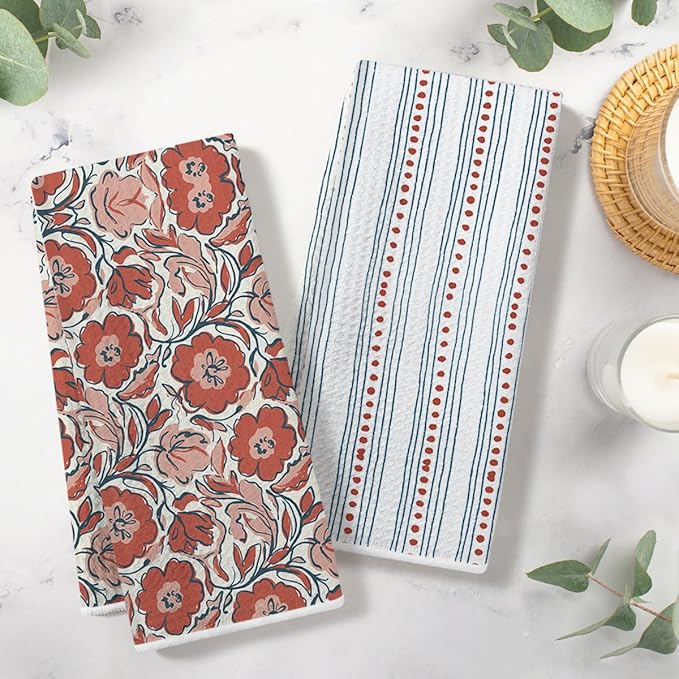 3 Pcs Retro Flower Kitchen Towels, Colorful Flower Soft Absorbent Hand Tea Towel, Microfiber Dish Cloths for Drying Dishes, Waffle Dish Towels for Kitchen Farmhouse Decor, Floral Gifts for Women Mom03