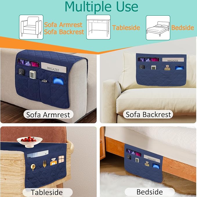 Sofa Armrest Organizer with 6 Pockets, Non-Slip Couch Recliner Armchair Caddy, Washable Remote Controls Holder, Storage for Magazine, Tablet (Navy)